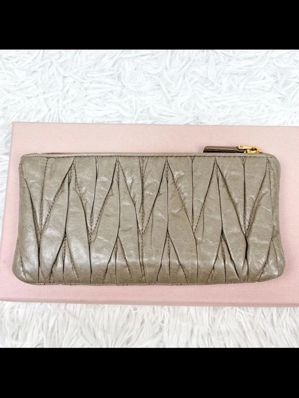Miu Miu Metallic Taupe Matelassé Zip Wallet with Gold Logo